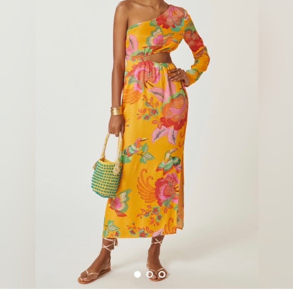 FARM Rio for Anthropologie Yellow Pink Asymmetrical One-Shoulder Sundress